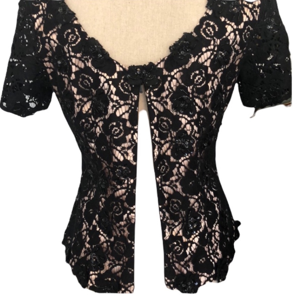 JS Boutique Beaded Floral Lace Black Overlay Tan Nude Illusion Top 8 Evening - Picture 7 of 14